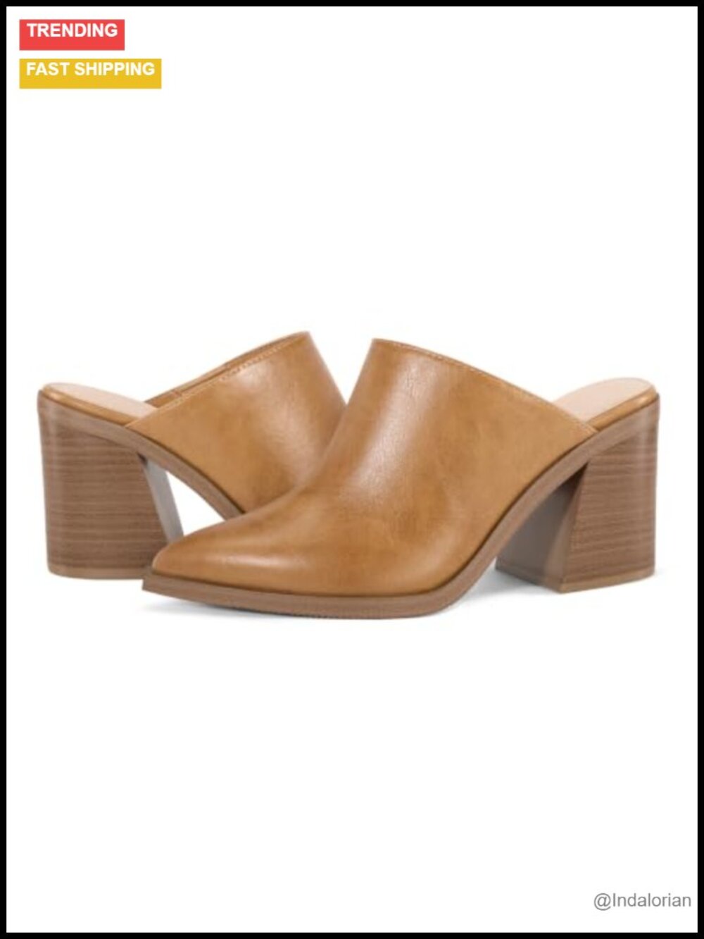 Faux Leather Mules Pointed Closed Toe Slip-On Stacked Chunky Block Heel